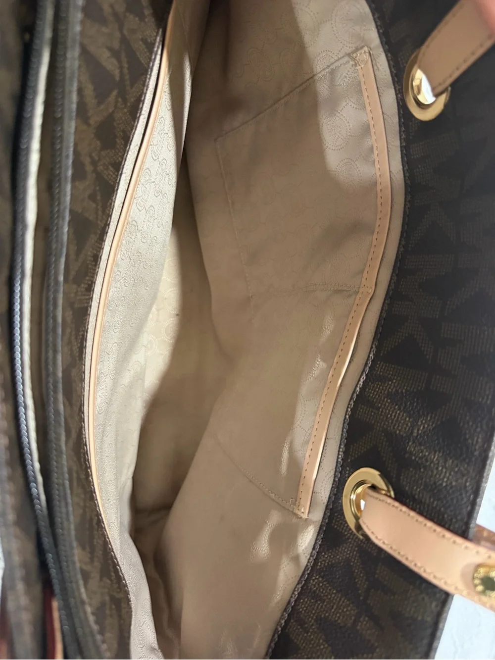 Michael Kors Brown Monogram Tote with Blush Straps